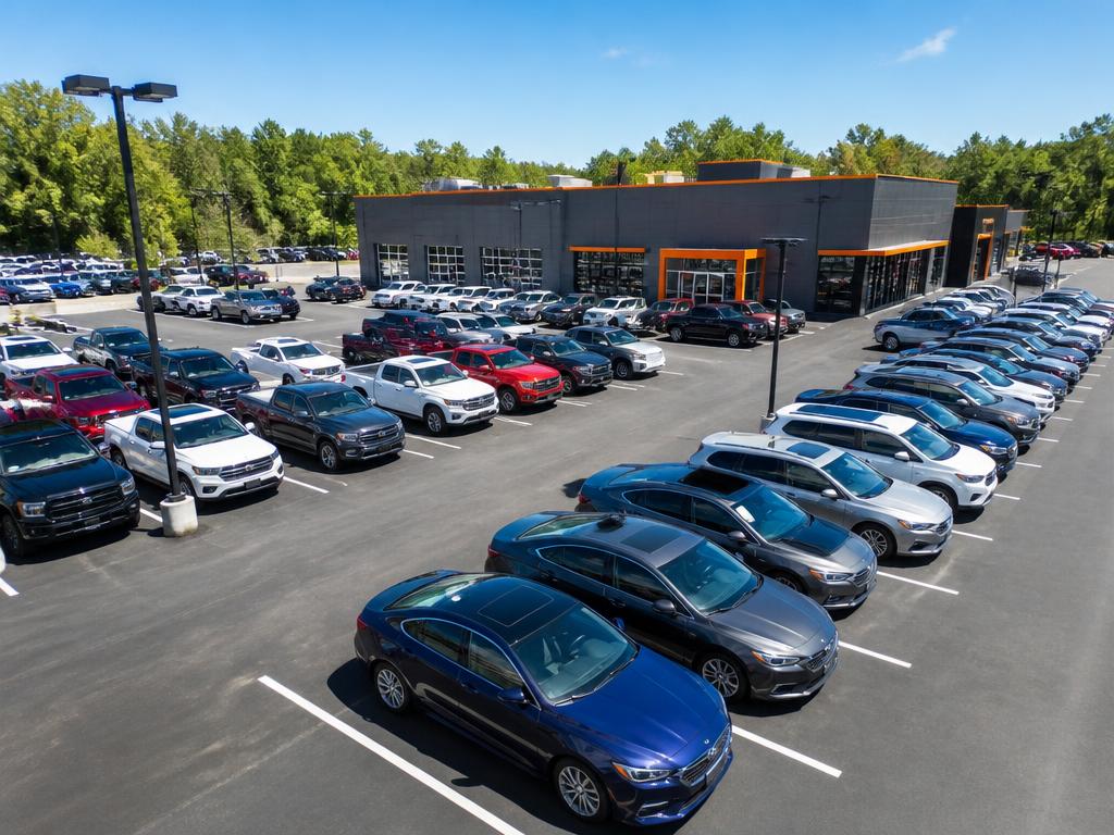 PRIME MOTORS dealership lot with rows of inspected used vehicles